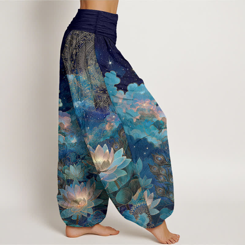 Buddha Stones Pantalon harem à taille élastique pour femme, motif lotus et ciel nocturne en coton - image 1
