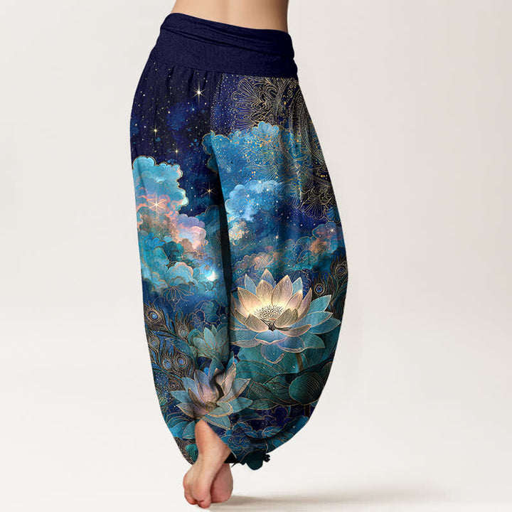 Buddha Stones Pantalon harem à taille élastique pour femme, motif lotus et ciel nocturne en coton - image 2
