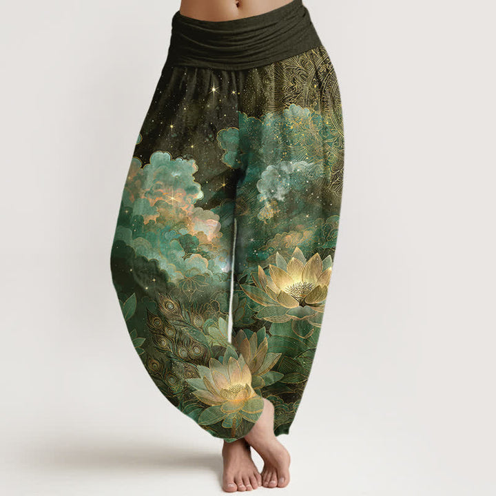Buddha Stones Pantalon harem à taille élastique pour femme, motif lotus et ciel nocturne en coton - Vert olive foncé - US16，UK/AU20，EU48 (3XL) - image 5
