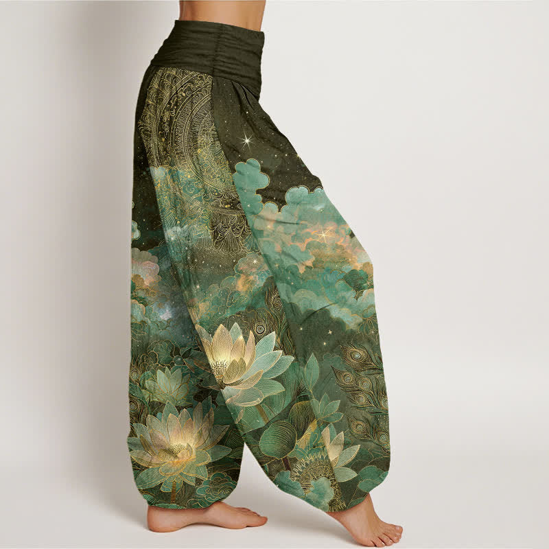 Buddha Stones Pantalon harem à taille élastique pour femme, motif lotus et ciel nocturne en coton - image 6