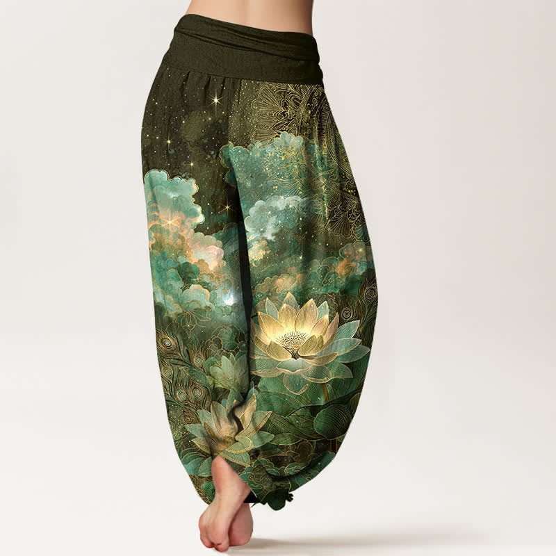 Buddha Stones Pantalon harem à taille élastique pour femme, motif lotus et ciel nocturne en coton - image 7