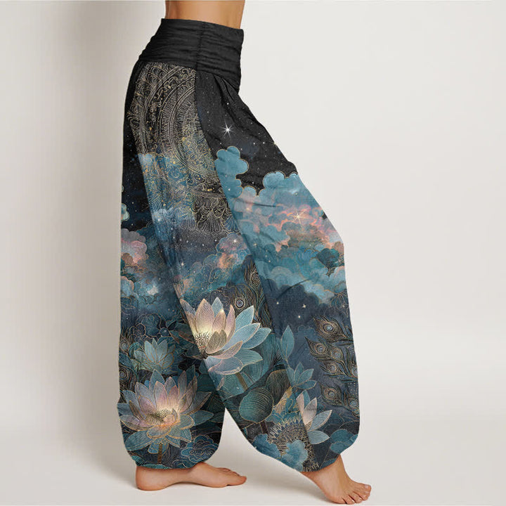 Buddha Stones Pantalon harem à taille élastique pour femme, motif lotus et ciel nocturne en coton - image 9