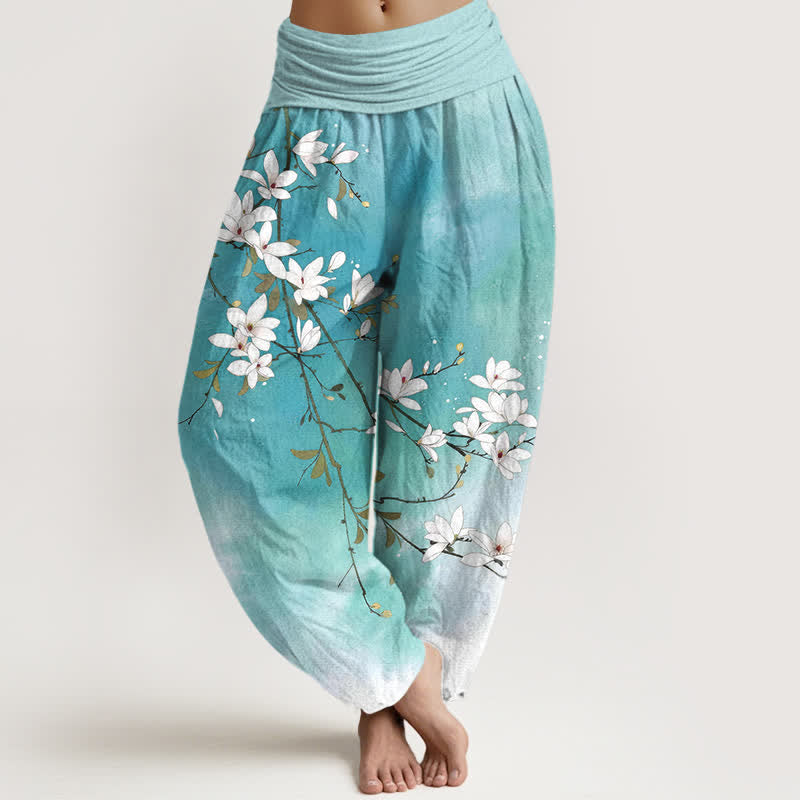 Buddha Stones Pantalon harem pour femme en pur coton blanc à motif branches de magnolia et taille élastique - Turquoise - US16，UK/AU20，EU48 (3XL) - image 0