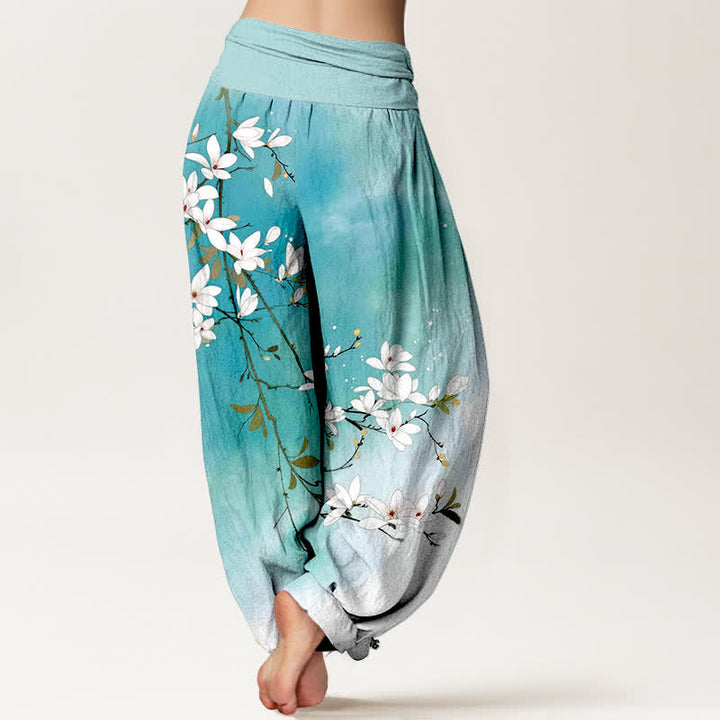 Buddha Stones Pantalon harem pour femme en pur coton blanc à motif branches de magnolia et taille élastique - image 2
