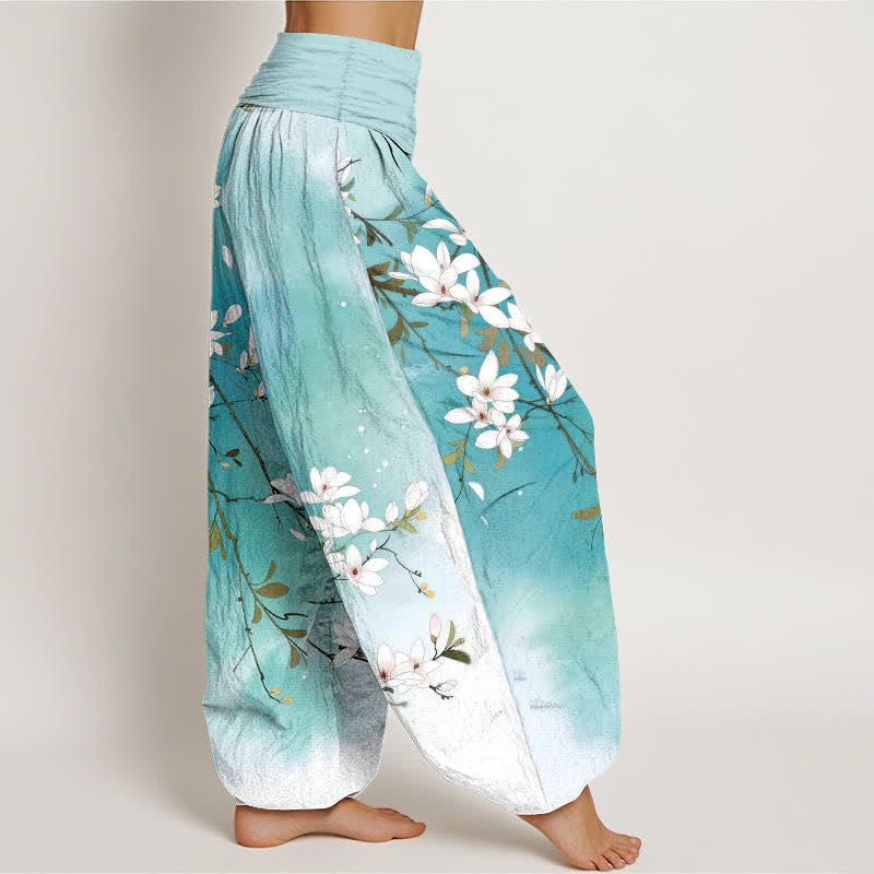 Buddha Stones Pantalon harem pour femme en pur coton blanc à motif branches de magnolia et taille élastique - image 1