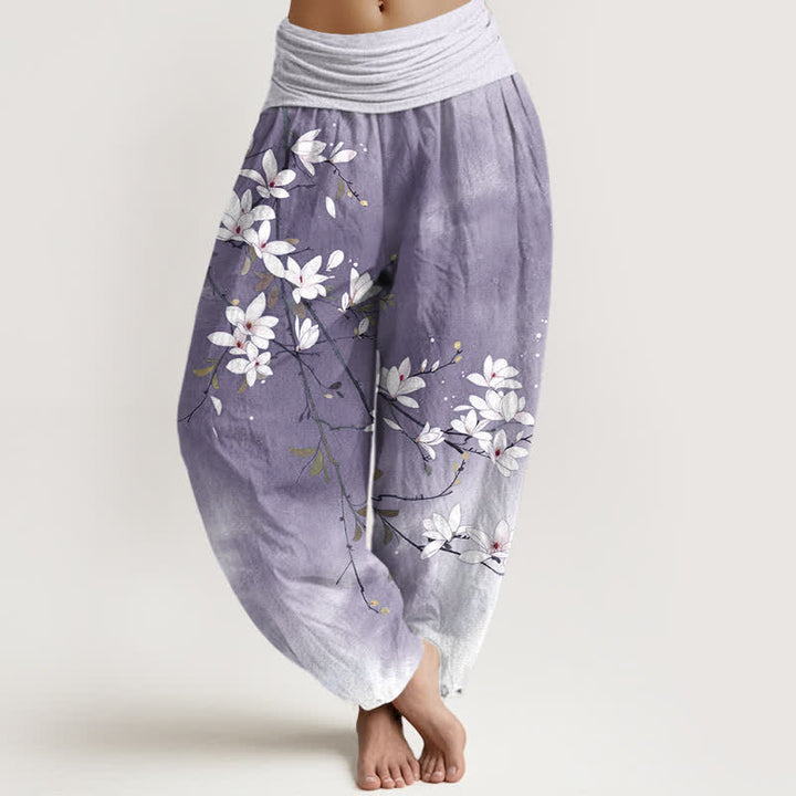 Buddha Stones Pantalon harem pour femme en pur coton blanc à motif branches de magnolia et taille élastique - Lavande - US16，UK/AU20，EU48 (3XL) - image 5