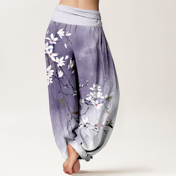 Buddha Stones Pantalon harem pour femme en pur coton blanc à motif branches de magnolia et taille élastique - image 7