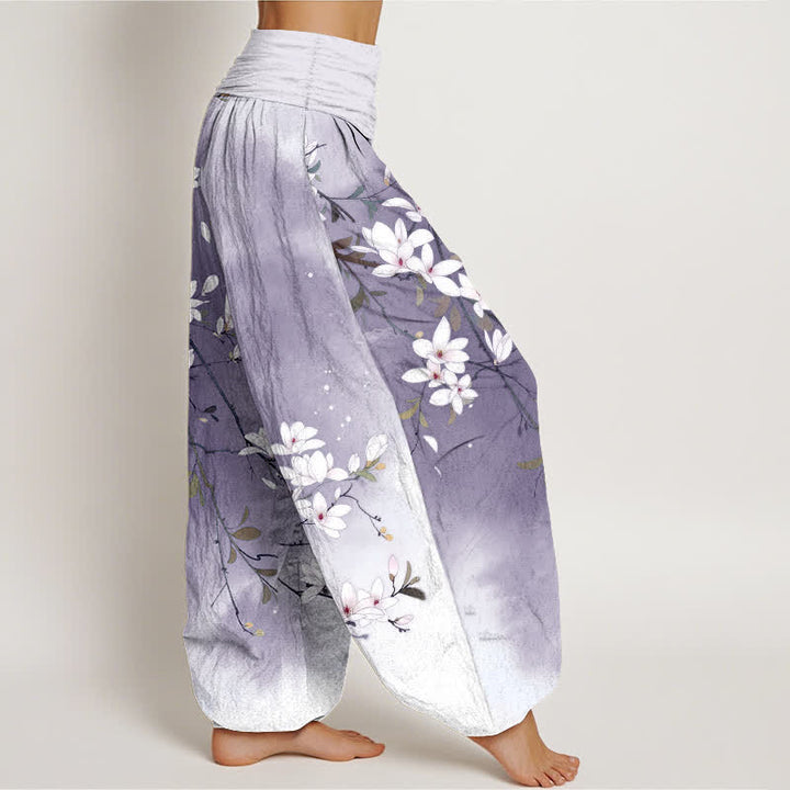 Buddha Stones Pantalon harem pour femme en pur coton blanc à motif branches de magnolia et taille élastique - image 6