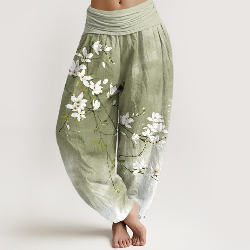Buddha Stones Pantalon harem pour femme en pur coton blanc à motif branches de magnolia et taille élastique - Olive - US16，UK/AU20，EU48 (3XL) - image 8