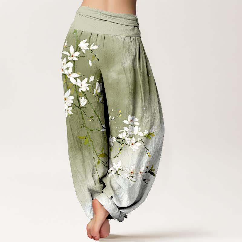 Buddha Stones Pantalon harem pour femme en pur coton blanc à motif branches de magnolia et taille élastique - image 10