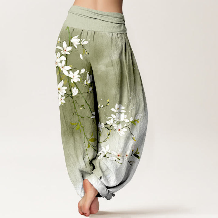 Buddha Stones Pantalon harem pour femme en pur coton blanc à motif branches de magnolia et taille élastique - image 10