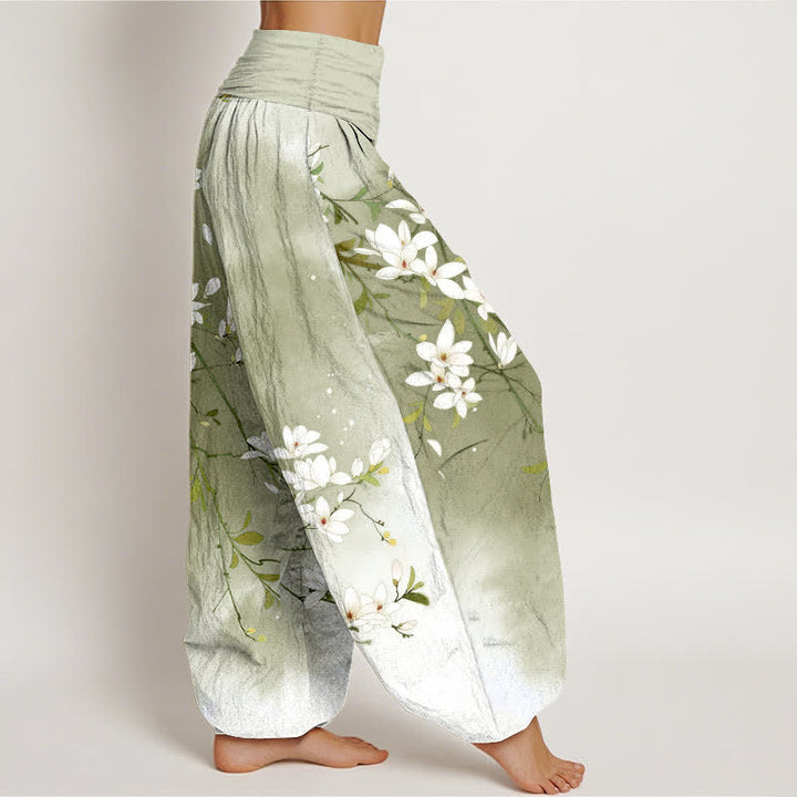 Buddha Stones Pantalon harem pour femme en pur coton blanc à motif branches de magnolia et taille élastique - image 9