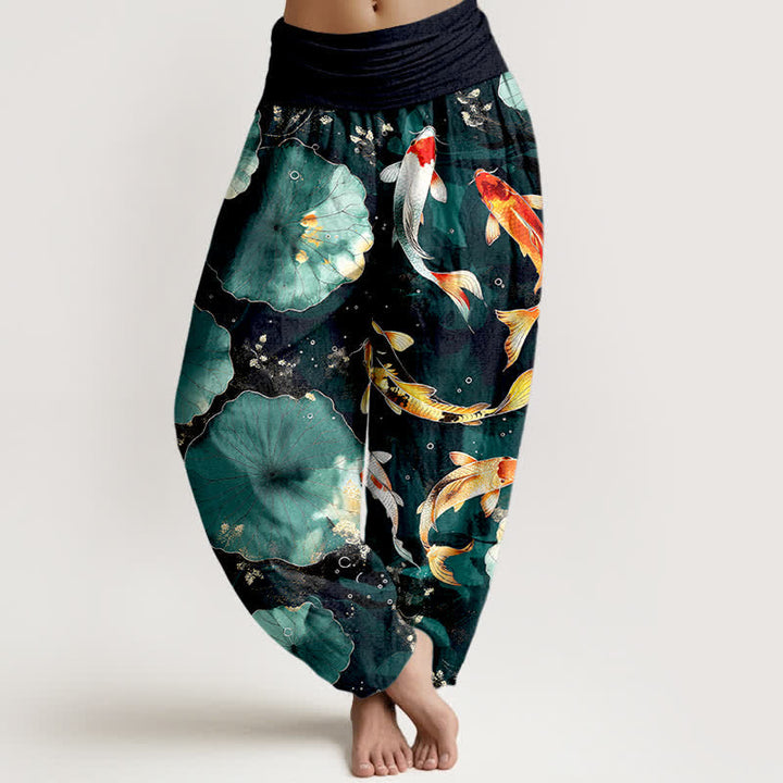 Buddha Stones Pantalon harem à taille élastique pour femme, en coton, motif carpes koï et feuilles de lotus - Sarcelle - US16，UK/AU20，EU48 (3XL) - image 0