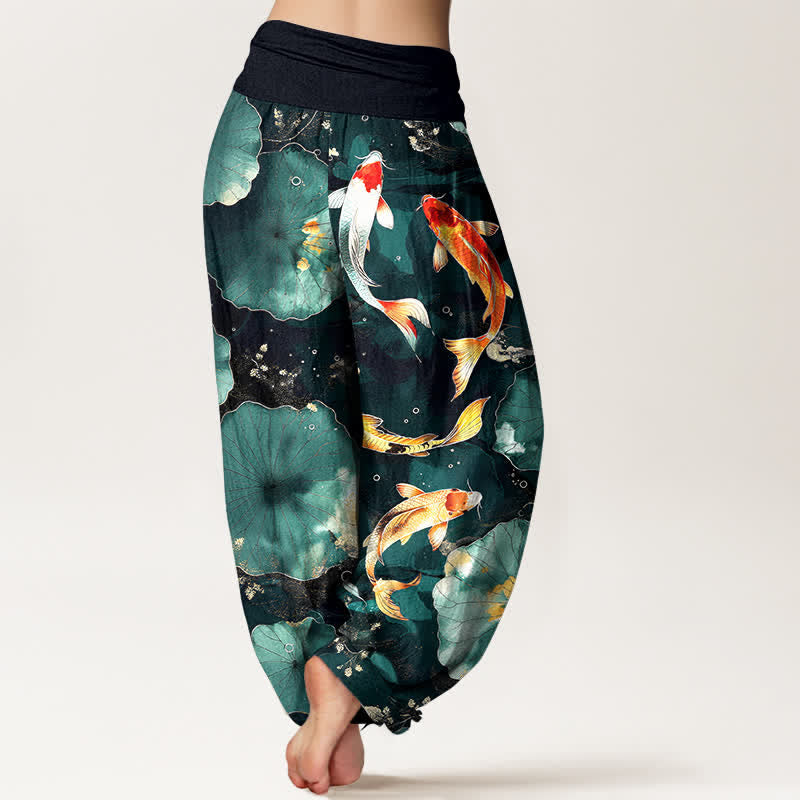Buddha Stones Pantalon harem à taille élastique pour femme, en coton, motif carpes koï et feuilles de lotus - image 2