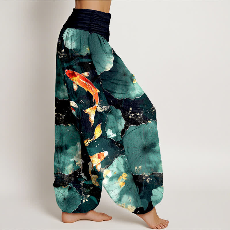 Buddha Stones Pantalon harem à taille élastique pour femme, en coton, motif carpes koï et feuilles de lotus - image 1