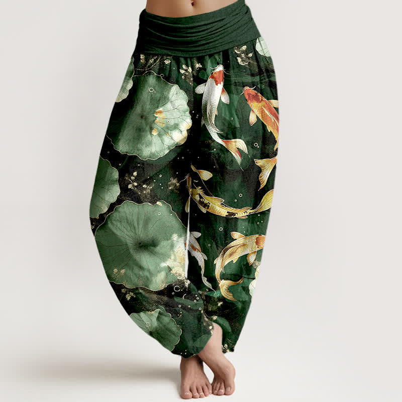 Buddha Stones Pantalon harem à taille élastique pour femme, en coton, motif carpes koï et feuilles de lotus - Vert foncé - US16，UK/AU20，EU48 (3XL) - image 5