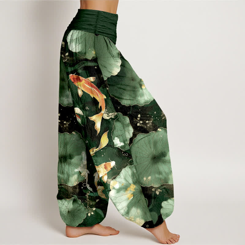 Buddha Stones Pantalon harem à taille élastique pour femme, en coton, motif carpes koï et feuilles de lotus - image 6