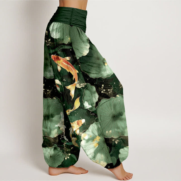 Buddha Stones Pantalon harem à taille élastique pour femme, en coton, motif carpes koï et feuilles de lotus - image 6