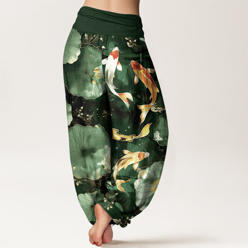 Buddha Stones Pantalon harem à taille élastique pour femme, en coton, motif carpes koï et feuilles de lotus - image 7