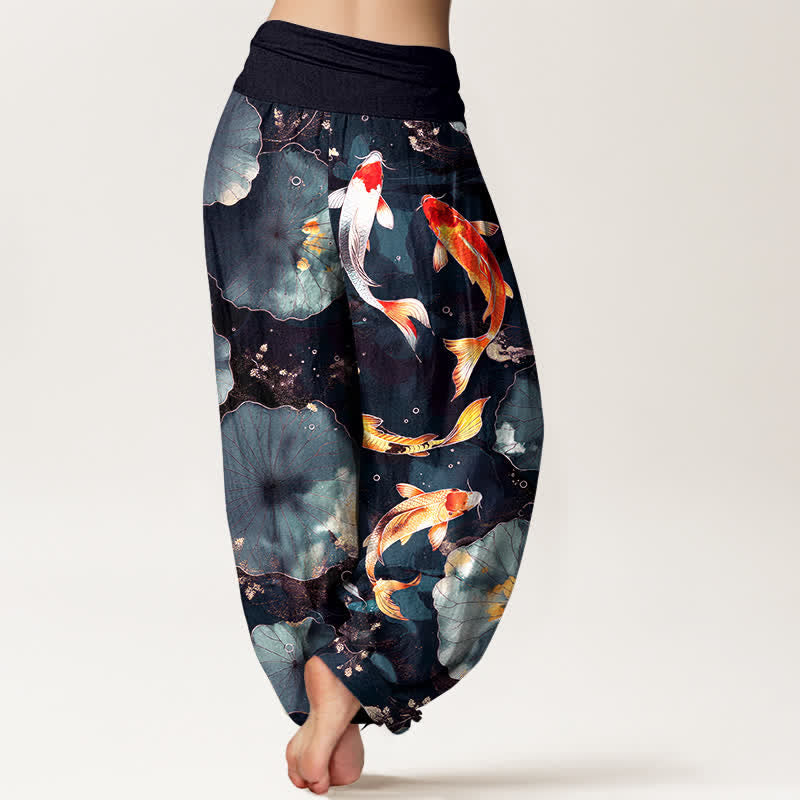 Buddha Stones Pantalon harem à taille élastique pour femme, en coton, motif carpes koï et feuilles de lotus - image 10