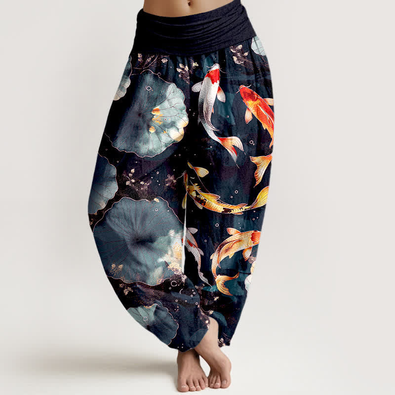 Buddha Stones Pantalon harem à taille élastique pour femme, en coton, motif carpes koï et feuilles de lotus - Noir - US16，UK/AU20，EU48 (3XL) - image 8