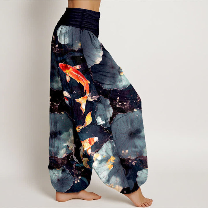 Buddha Stones Pantalon harem à taille élastique pour femme, en coton, motif carpes koï et feuilles de lotus - image 9