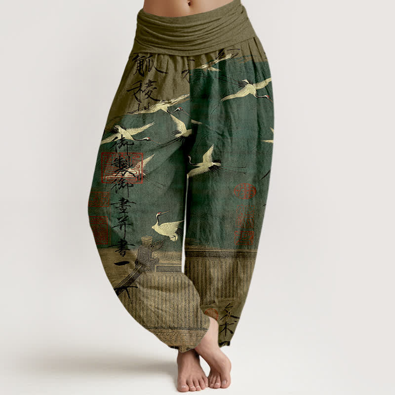 Buddha Stones Pantalon harem à taille élastique pour femme, en coton, motif grue volante et phoque - Vert olive foncé - US16，UK/AU20，EU48 (3XL) - image 0