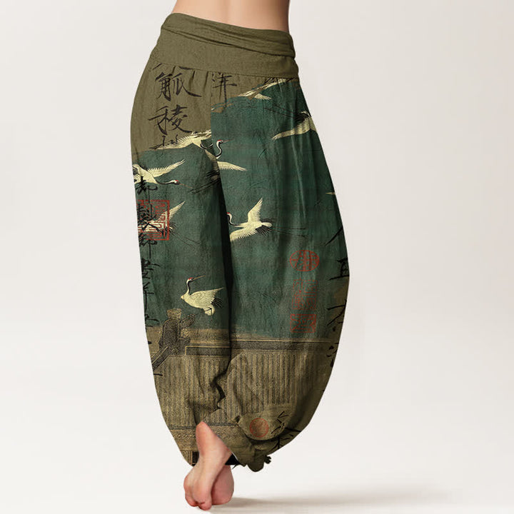 Buddha Stones Pantalon harem à taille élastique pour femme, en coton, motif grue volante et phoque - image 2