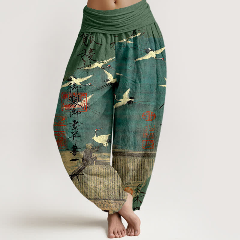 Buddha Stones Pantalon harem à taille élastique pour femme, en coton, motif grue volante et phoque - Vert mer moyen - US16，UK/AU20，EU48 (3XL) - image 5