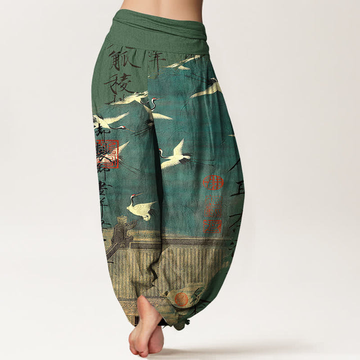 Buddha Stones Pantalon harem à taille élastique pour femme, en coton, motif grue volante et phoque - image 7