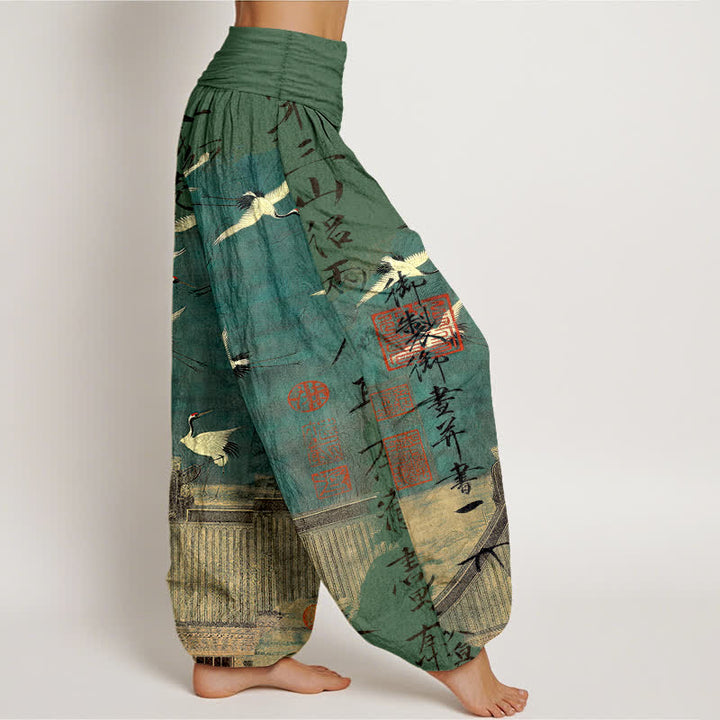 Buddha Stones Pantalon harem à taille élastique pour femme, en coton, motif grue volante et phoque - image 6
