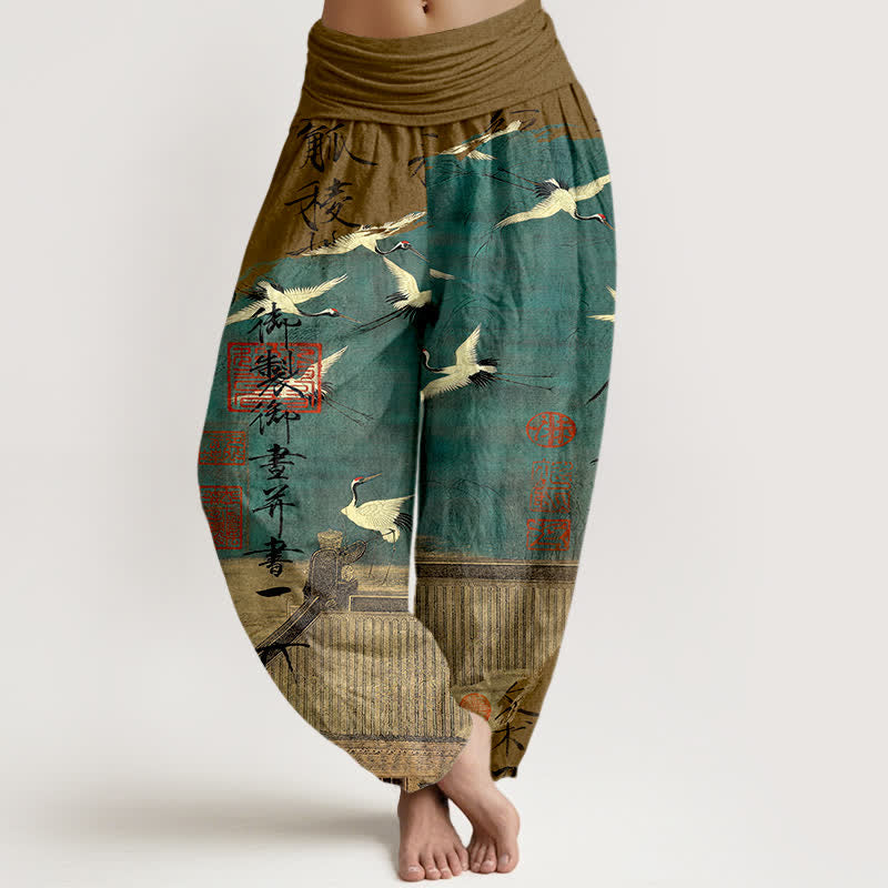 Buddha Stones Pantalon harem à taille élastique pour femme, en coton, motif grue volante et phoque - DarkGoldenrod - US16，UK/AU20，EU48 (3XL) - image 8