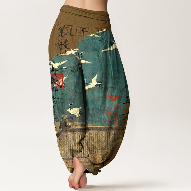 Buddha Stones Pantalon harem à taille élastique pour femme, en coton, motif grue volante et phoque - image 10