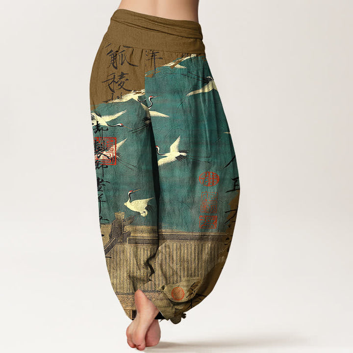 Buddha Stones Pantalon harem à taille élastique pour femme, en coton, motif grue volante et phoque - image 10