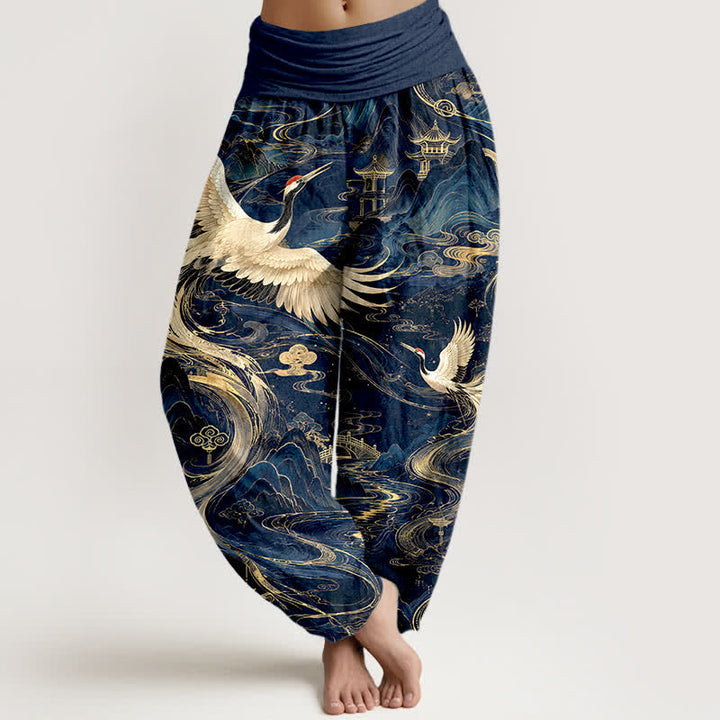 Buddha Stones Pantalon harem à taille élastique pour femme, motif vagues et grues volantes en coton - Marine - US16，UK/AU20，EU48 (3XL) - image 0