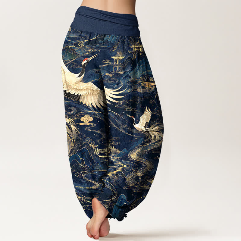 Buddha Stones Pantalon harem à taille élastique pour femme, motif vagues et grues volantes en coton - image 2