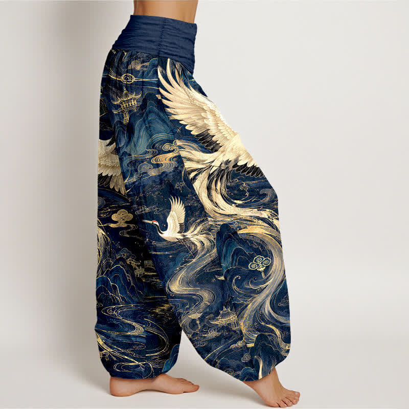 Buddha Stones Pantalon harem à taille élastique pour femme, motif vagues et grues volantes en coton - image 1