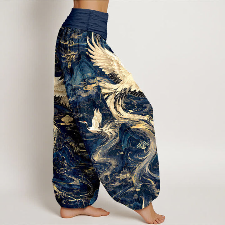 Buddha Stones Pantalon harem à taille élastique pour femme, motif vagues et grues volantes en coton - image 1