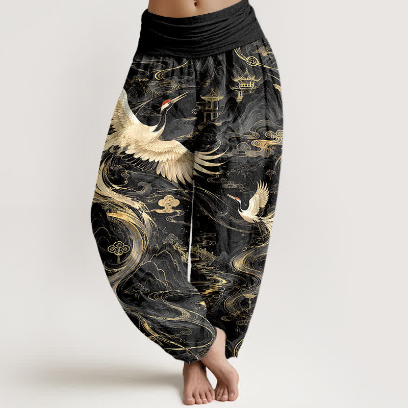 Buddha Stones Pantalon harem à taille élastique pour femme, motif vagues et grues volantes en coton - Noir - US16，UK/AU20，EU48 (3XL) - image 5