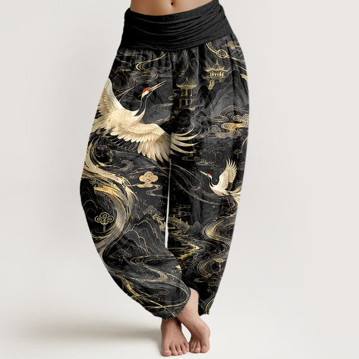 Buddha Stones Pantalon harem à taille élastique pour femme, motif vagues et grues volantes en coton - Noir - US16，UK/AU20，EU48 (3XL) - image 5