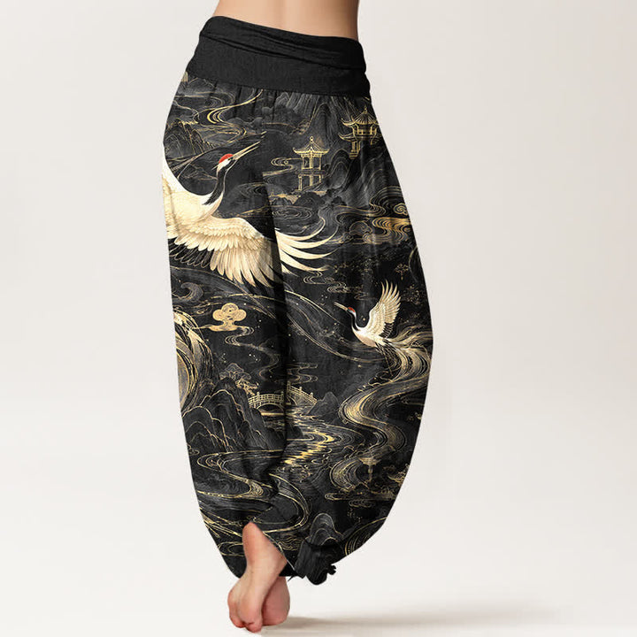 Buddha Stones Pantalon harem à taille élastique pour femme, motif vagues et grues volantes en coton - image 7