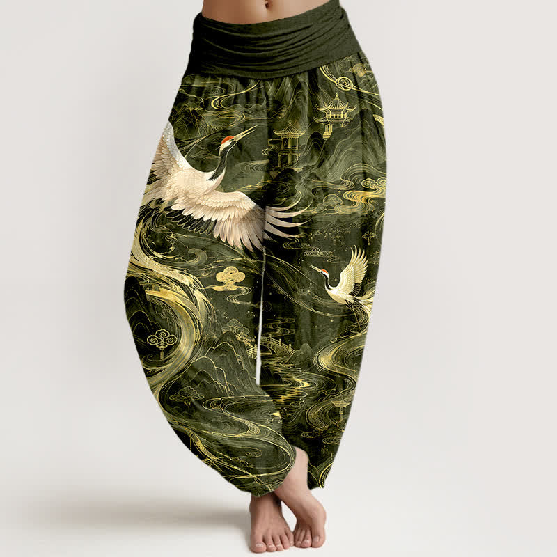 Buddha Stones Pantalon harem à taille élastique pour femme, motif vagues et grues volantes en coton - Vert olive foncé - US16，UK/AU20，EU48 (3XL) - image 8