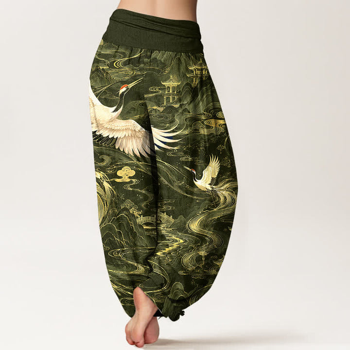 Buddha Stones Pantalon harem à taille élastique pour femme, motif vagues et grues volantes en coton - image 10