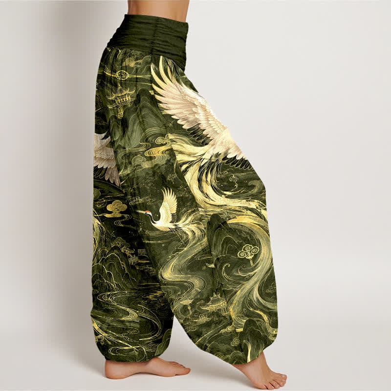 Buddha Stones Pantalon harem à taille élastique pour femme, motif vagues et grues volantes en coton - image 9