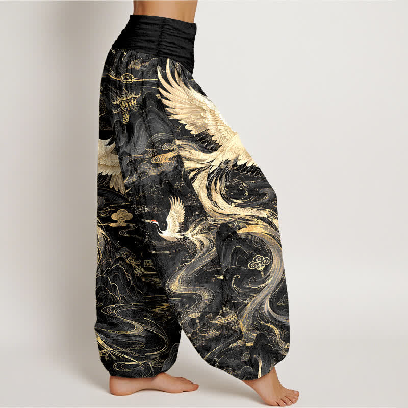 Buddha Stones Pantalon harem à taille élastique pour femme, motif vagues et grues volantes en coton - image 6