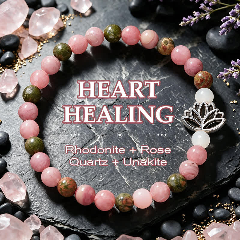 Buddha Stones Bracelet en rhodonite, unakite, jade blanc et lotus, symbole d'amour et d'illumination - Rhodonite Unakite (Tour de poignet : 14-15 cm) - image 0