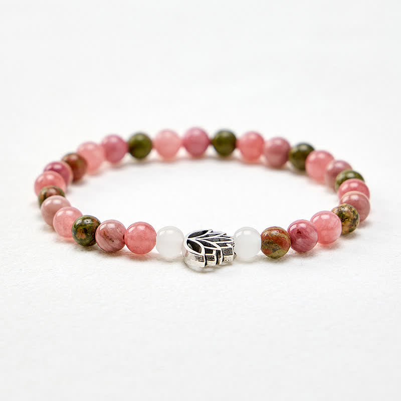 Buddha Stones Bracelet en rhodonite, unakite, jade blanc et lotus, symbole d'amour et d'illumination - image 3