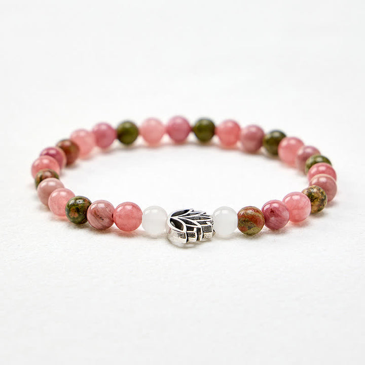 Buddha Stones Bracelet en rhodonite, unakite, jade blanc et lotus, symbole d'amour et d'illumination - image 3