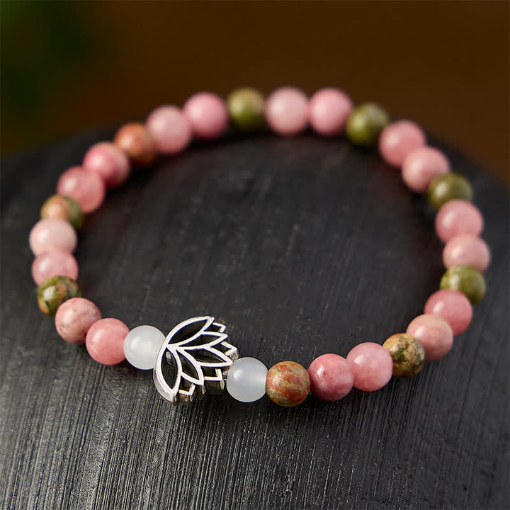 Buddha Stones Bracelet en rhodonite, unakite, jade blanc et lotus, symbole d'amour et d'illumination - image 2