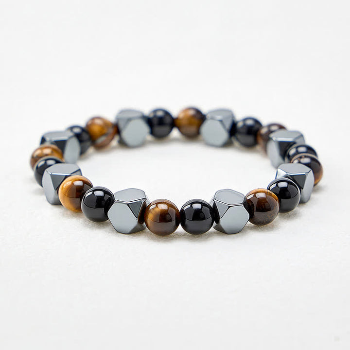 Buddha Stones Bracelet de protection facetté en obsidienne noire, œil de tigre et hématite. - image 4
